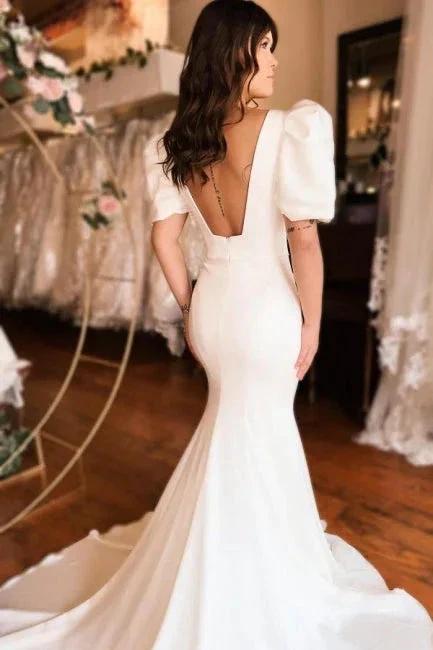 Chic Long Mermaid Square Neck Satin Backless Wedding Dress With Short Sleeves - Image 4