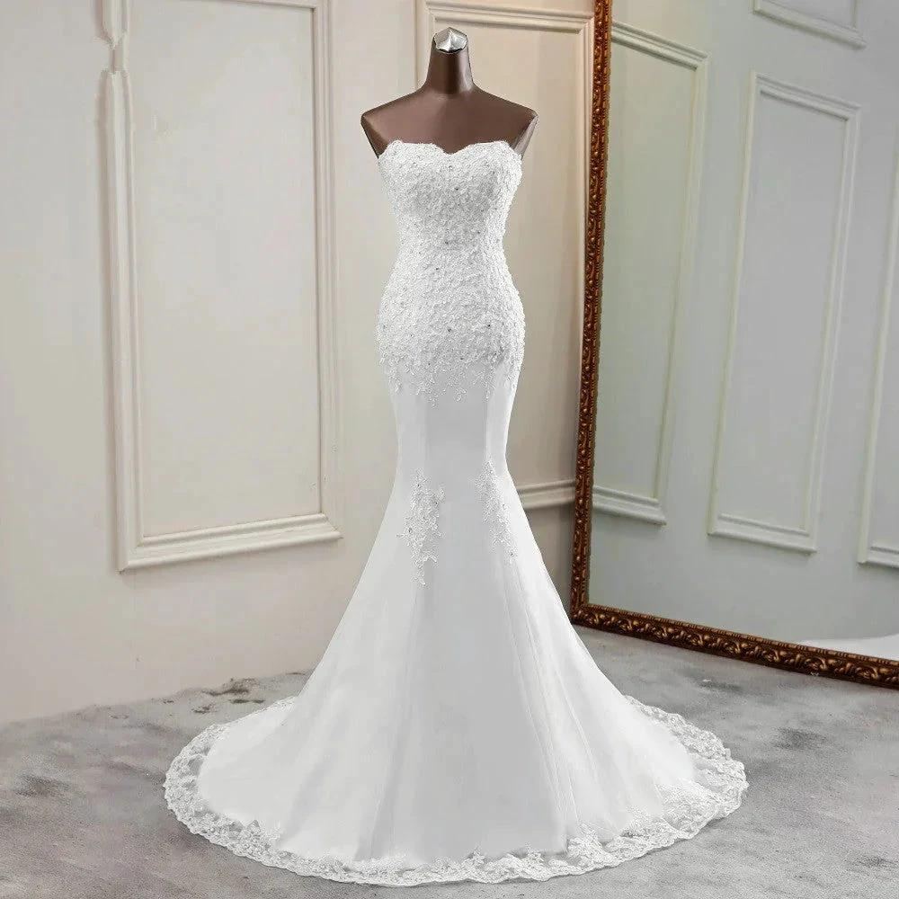Chic Long Mermaid Strapless Lace Appliques Wedding Dress - Image 8