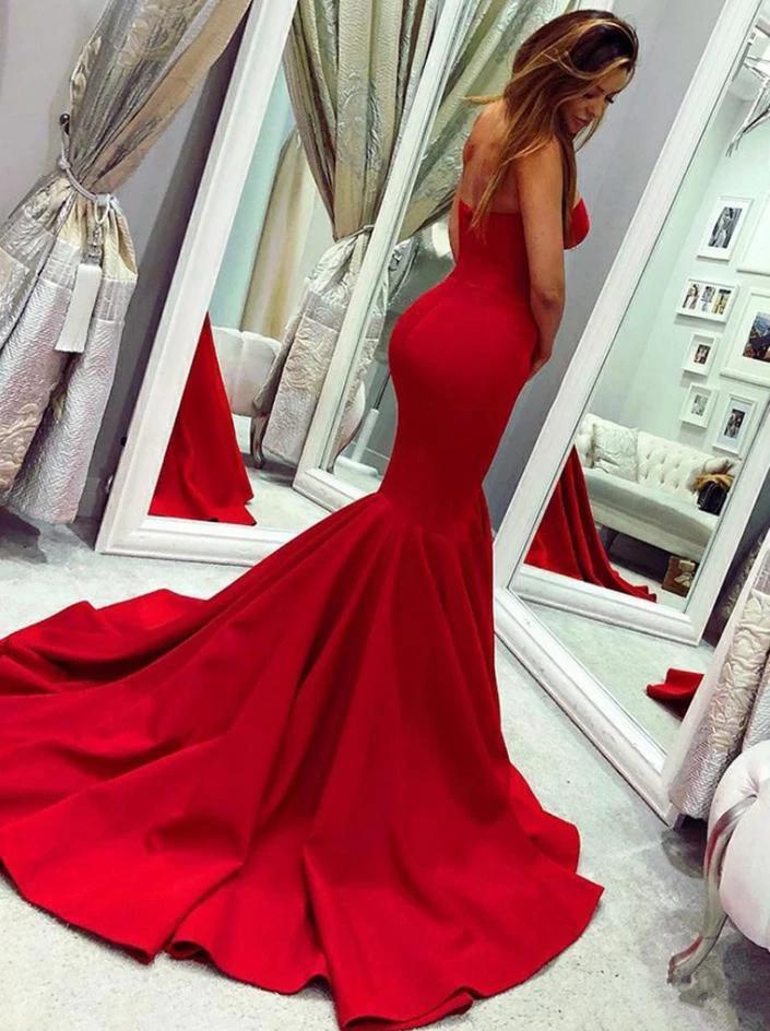 Chic Long Mermaid Sweetheart Satin Red Prom Dress - Image 2
