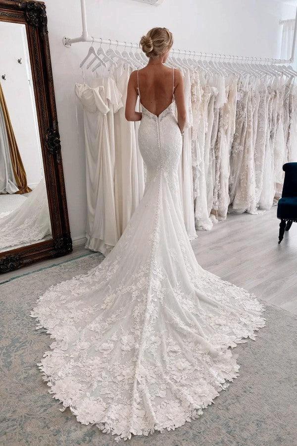 Chic Long Mermaid Sweetheart Sleeveless Spaghetti Straps Lace Backless Wedding Dresses - Image 2
