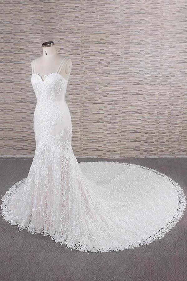 Chic Long Mermaid Sweetheart Spaghetti Strap Appliques Lace Wedding Dress - Image 3