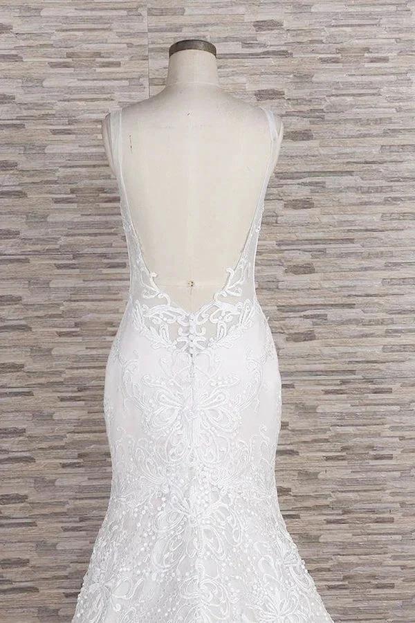 Chic Long Mermaid Sweetheart Spaghetti Strap Appliques Lace Wedding Dress - Image 6