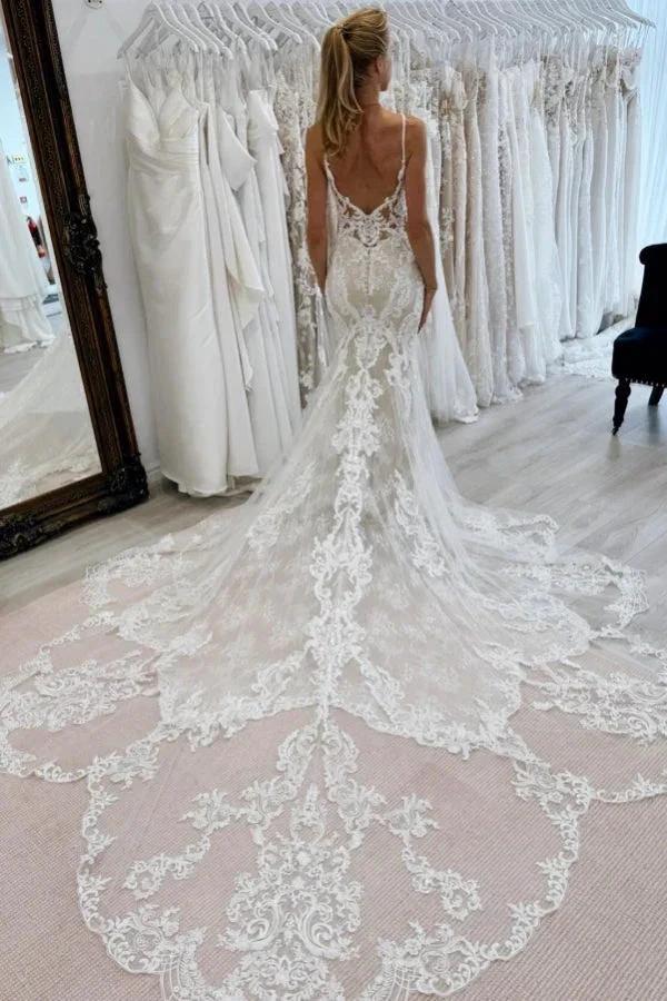 Chic Long Mermaid V-neck Spaghetti Straps Backless Lace Wedding Dress - Image 2