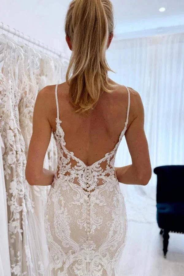 Chic Long Mermaid V-neck Spaghetti Straps Backless Lace Wedding Dress - Image 3