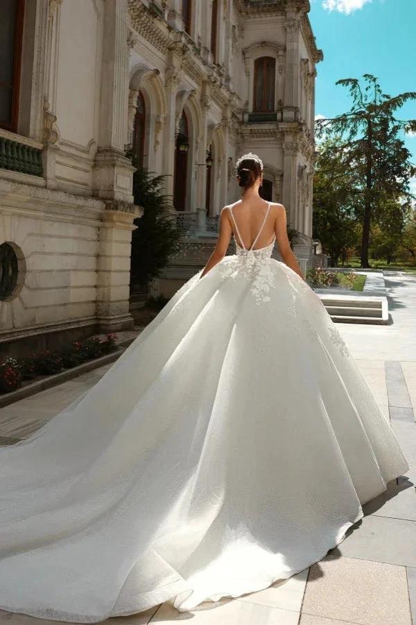 Chic Long Princess A-line Ivory Spaghetti Straps Tulle Lace Wedding Dress with Glitter - Image 2