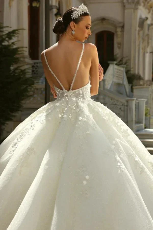Chic Long Princess A-line Ivory Spaghetti Straps Tulle Lace Wedding Dress with Glitter - Image 3