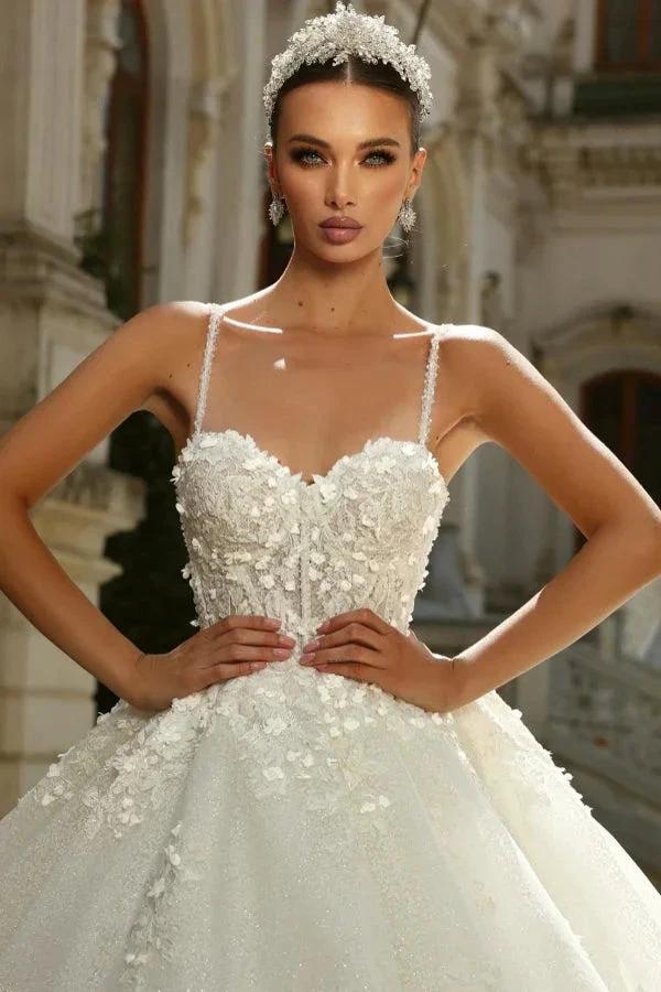 Chic Long Princess A-line Ivory Spaghetti Straps Tulle Lace Wedding Dress with Glitter - Image 4
