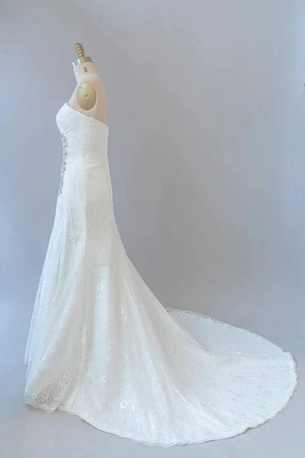 Chic Long Sheath Strapless Ruffle Lace Wedding Dress - Image 3