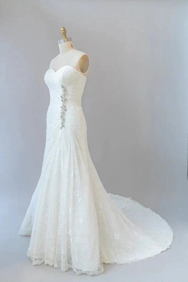 Chic Long Sheath Strapless Ruffle Lace Wedding Dress - Image 4