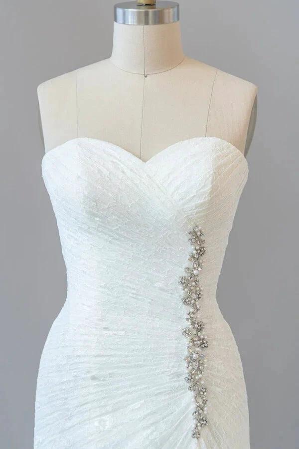 Chic Long Sheath Strapless Ruffle Lace Wedding Dress - Image 5