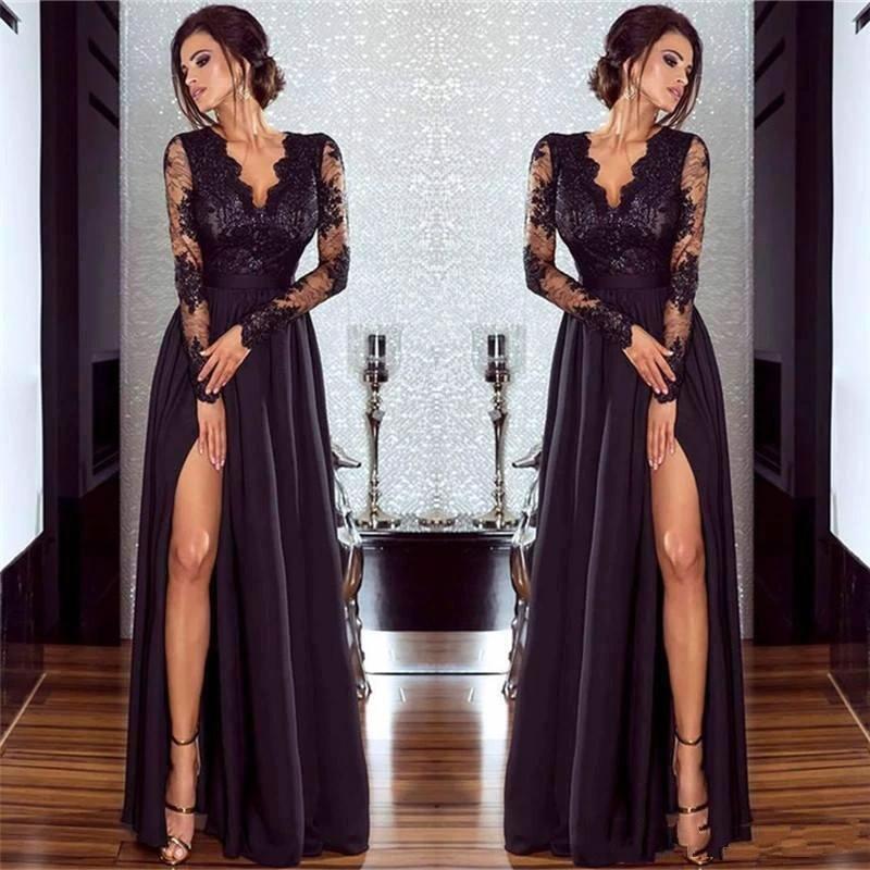 Chic Long Sleeves A-line V-neck Chiffon Lace Prom Dress with Slit - Image 2
