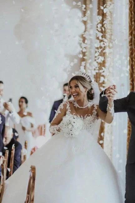 Chic Long White A-line Lace Tulle Wedding Dress with Long Sleeves - Image 3