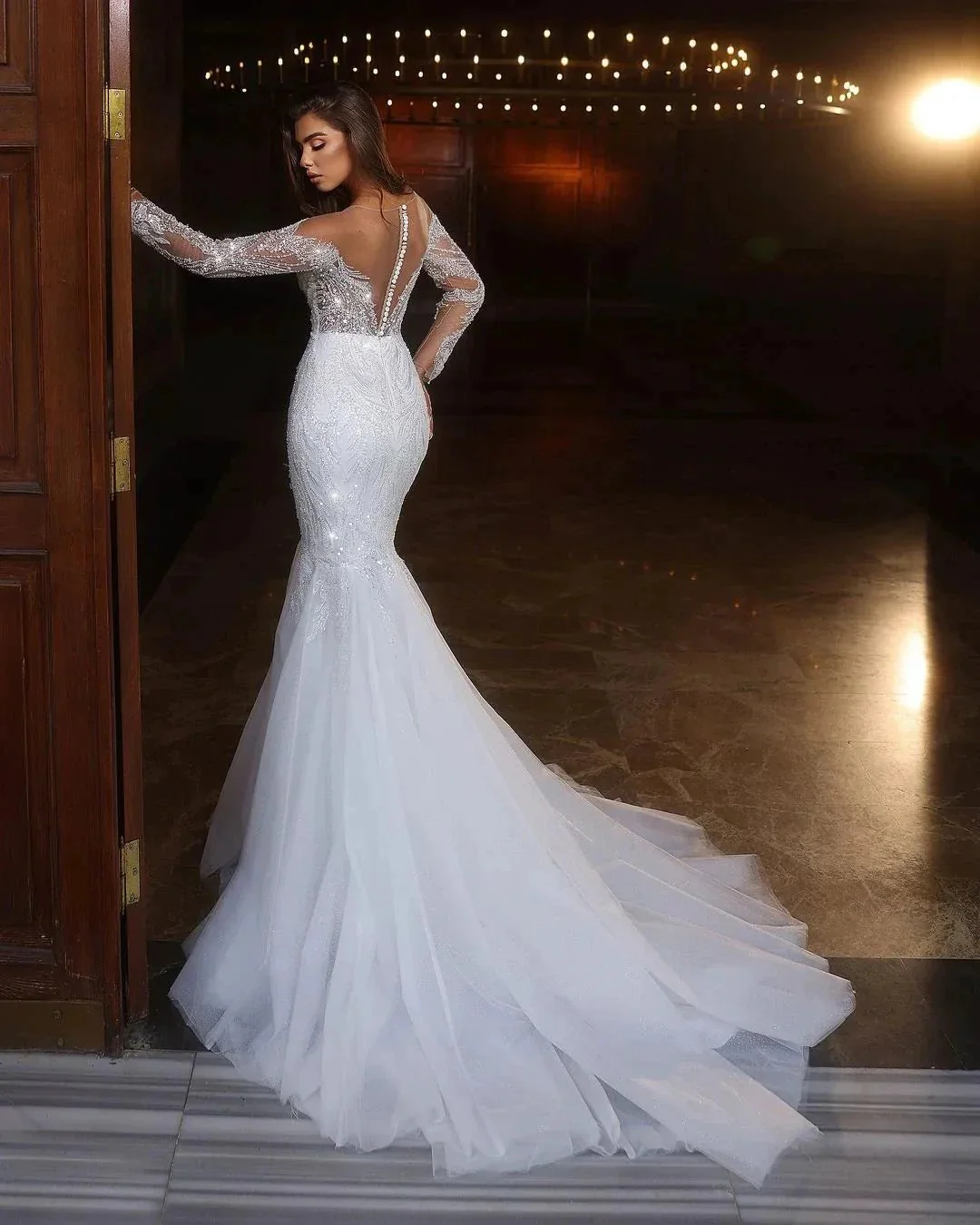 Chic Long White Mermaid Lace Beading Tulle Long Sleeves Wedding Dress - Image 2