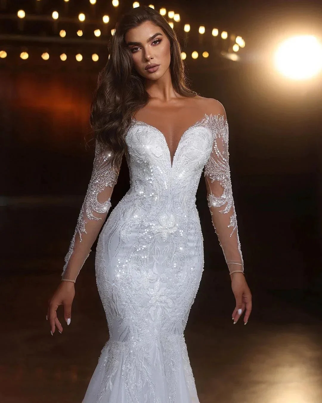 Chic Long White Mermaid Lace Beading Tulle Long Sleeves Wedding Dress - Image 3