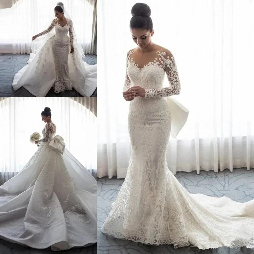 Chic Mermaid Lace Long Sleeves Wedding Dress With Detachable Train - Image 4