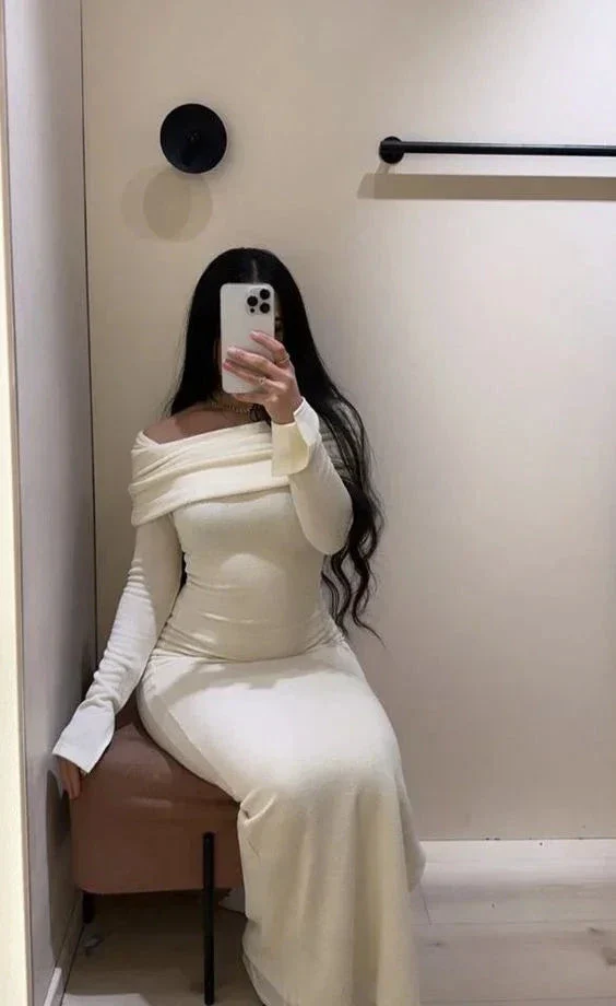 Chic Off-Shoulder Long Sleeves White Sheath Long Evening Dress Y5457 - Image 2