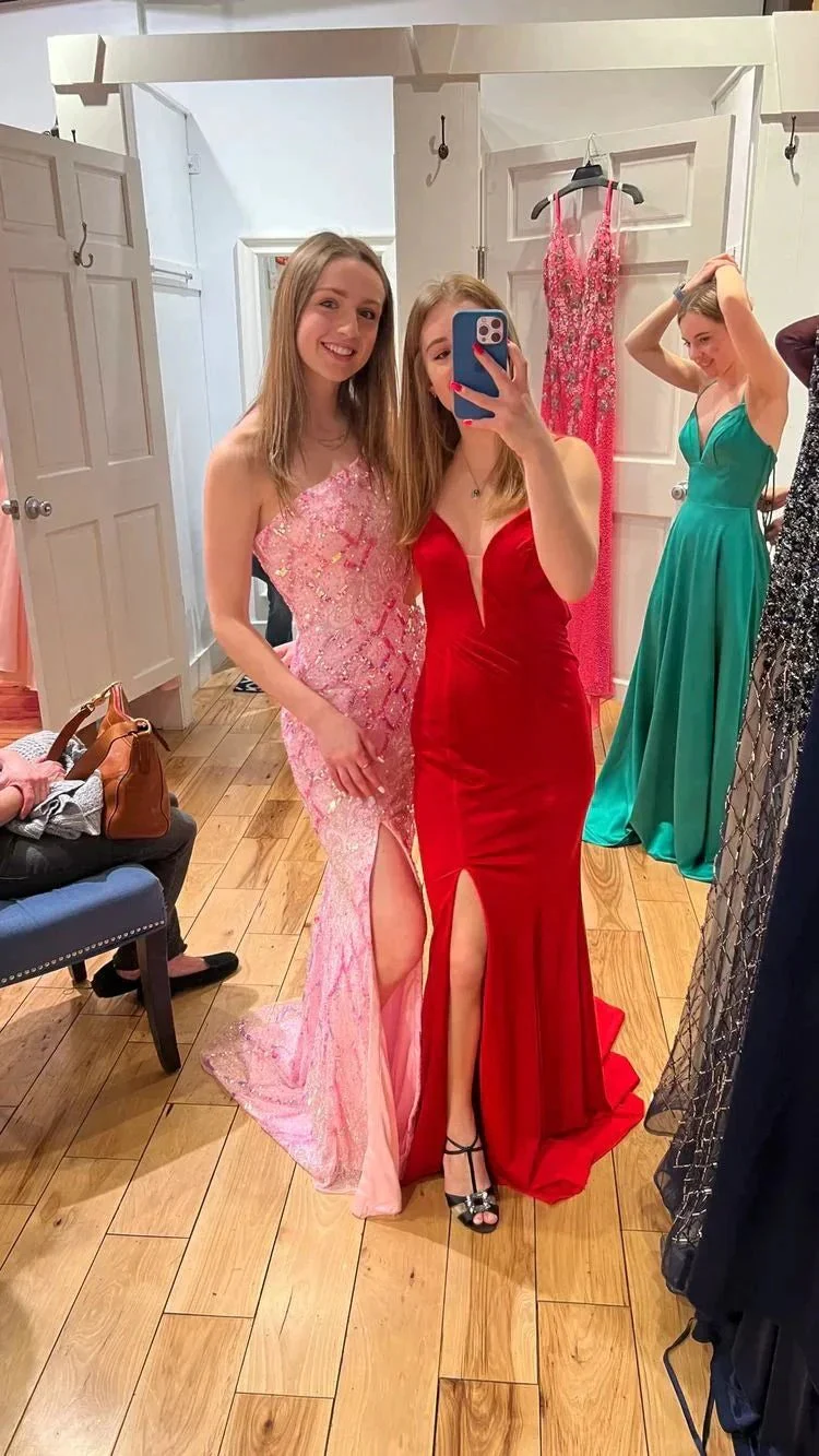 Chic One Shoulder Pink Sequins Evening Dress ,Sparkly Pink Evening Gown Y1633 - Image 3