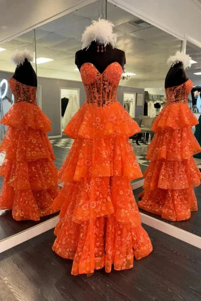 Chic Orange Strapless A-Line Lace Layered Appliques Prom Dress Slit Evening Dress Y7885 - Image 2