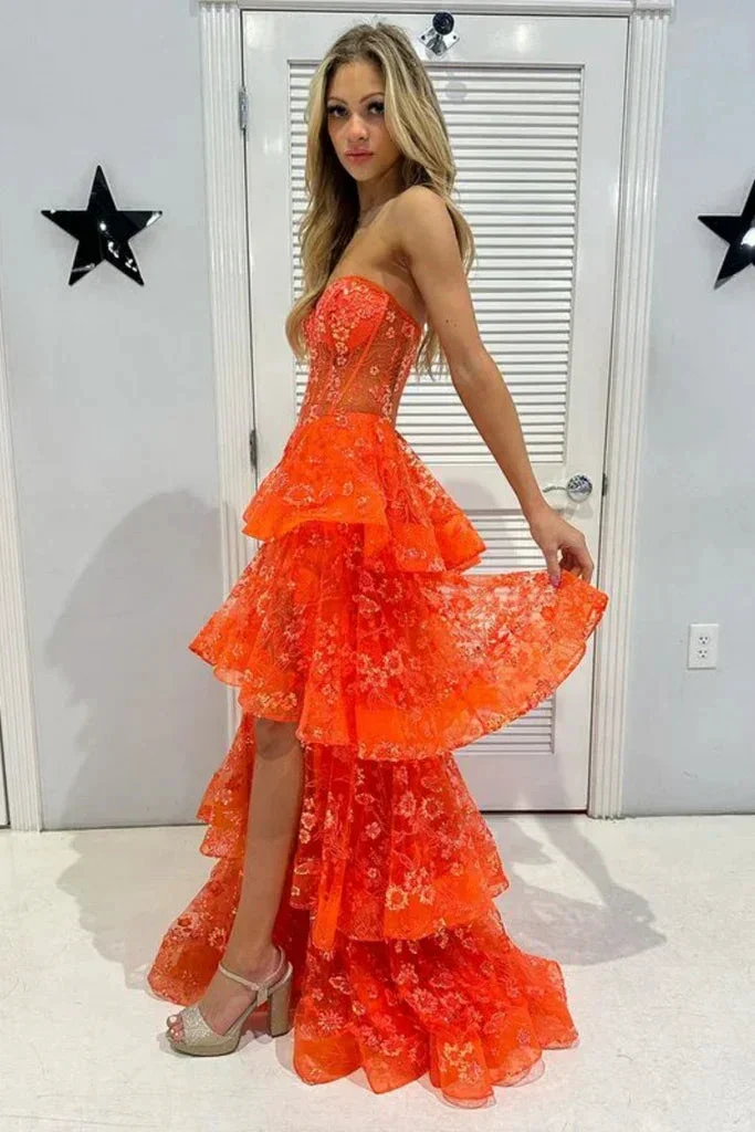 Chic Orange Strapless A-Line Lace Layered Appliques Prom Dress Slit Evening Dress Y7885 - Image 3