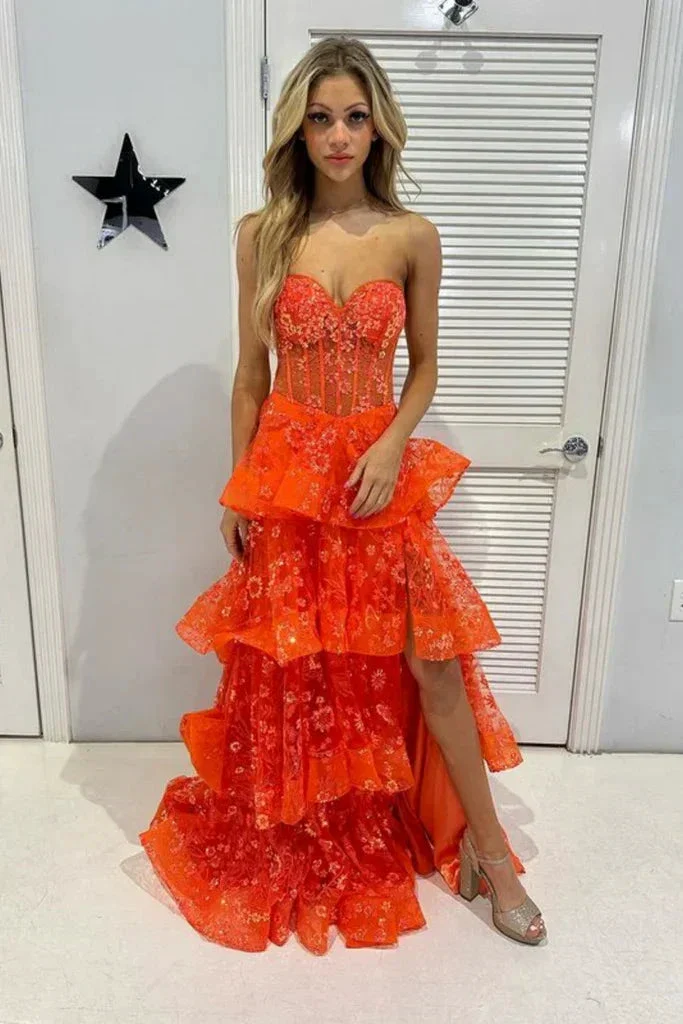 Chic Orange Strapless A-Line Lace Layered Appliques Prom Dress Slit Evening Dress Y7885 - Image 4