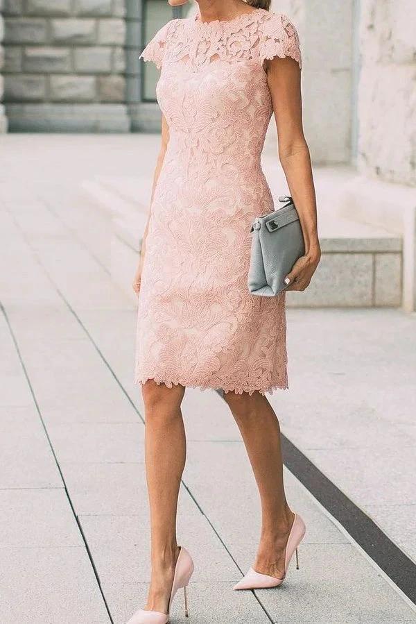Chic Pink Cap Sleeves Lace Knee Length Short Prom Dresses - Image 2