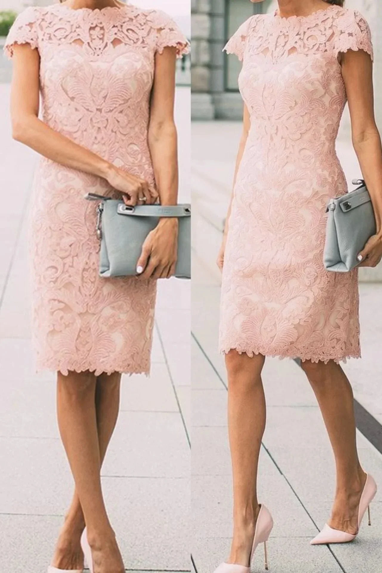 Chic Pink Cap Sleeves Lace Knee Length Short Prom Dresses - Image 3