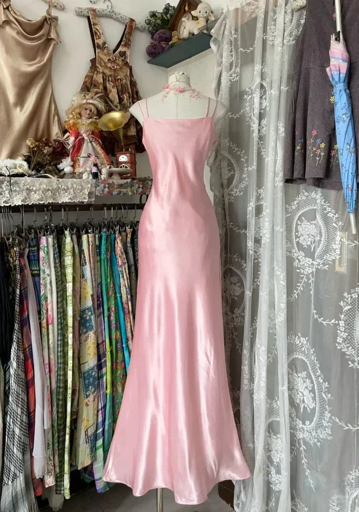 Chic Pink Spaghetti Straps Satin Mermaid Prom Evening Dress Y8104 - Image 3