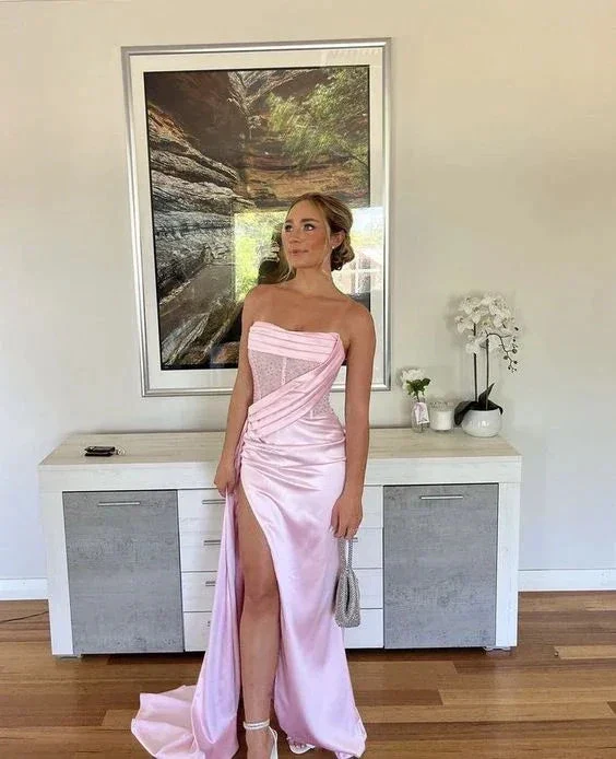 Chic Pink Strapless Prom Dress Glam Pink Evening Dress with Split Pageant Dress Y1986 - Image 2