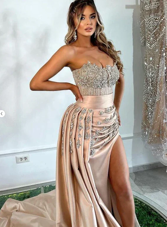 Champagne Gold Strapless High-Slit Gown - Image 5