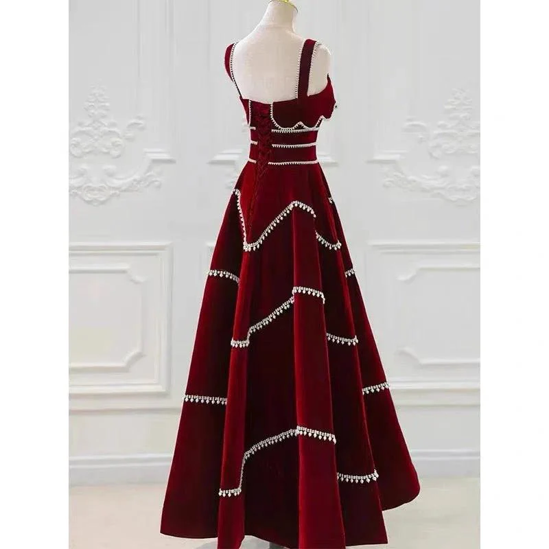 Chic Red Velvet A-line Evening Dress Y4511 - Image 3