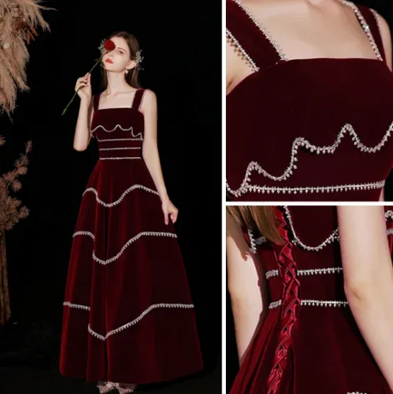 Chic Red Velvet A-line Evening Dress Y4511 - Image 4