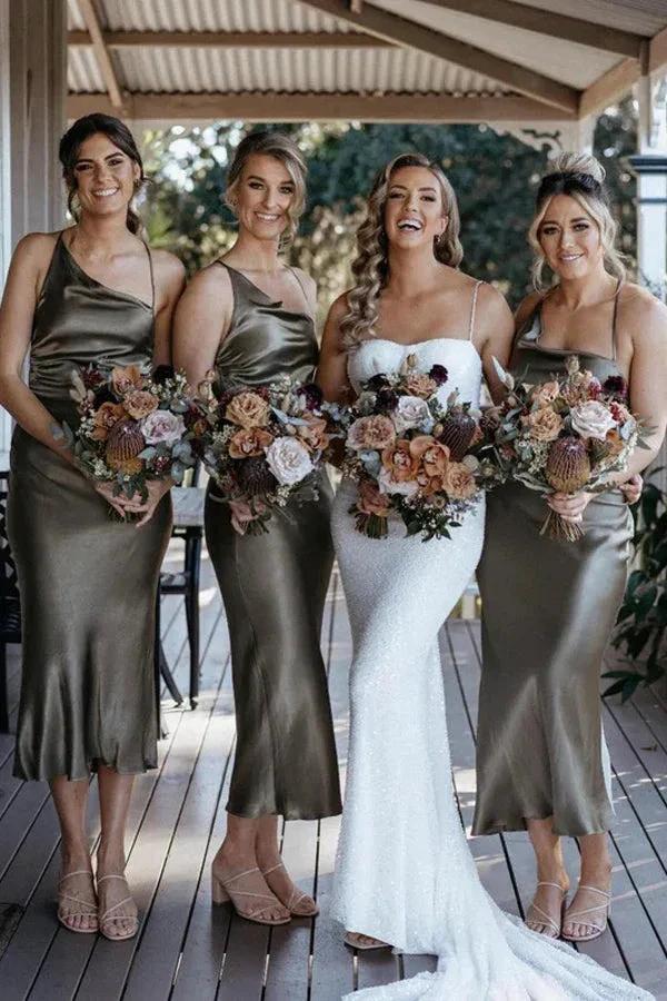 Chic Satin Sheath Bridesmaid Dresses Tea-length Short Gowns BD107 - Image 2