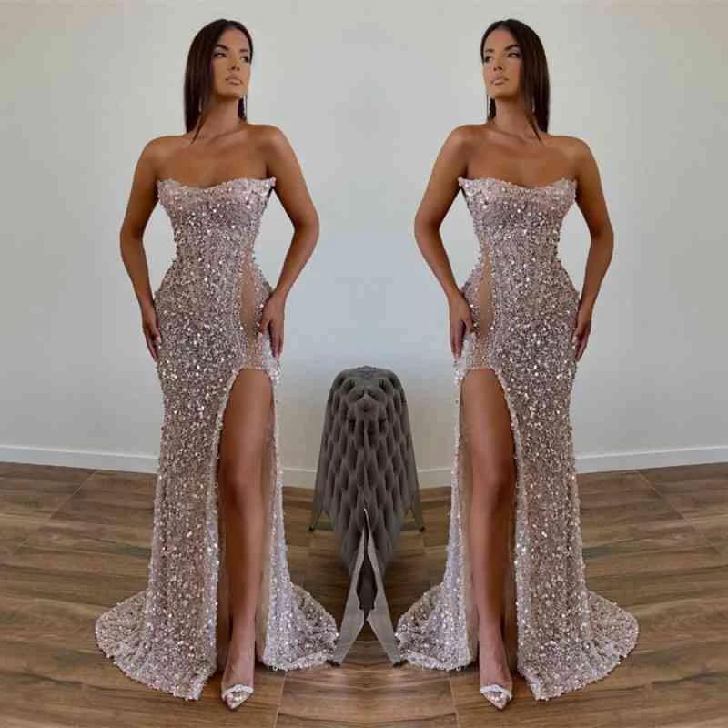 Chic Sequined Floor Length Strapless A-line Prom Dress with Front Slit - Image 3