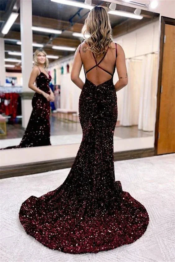 Chic Sequins Long Evening Dress V Neck Spaghetti Strap Y4401 - Image 2