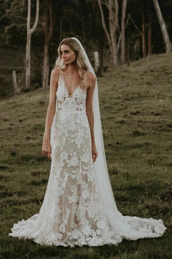 Chic Sheath Column V Neck Floral Lace Rustic Wedding Dress Bridal Gown WD658 - Image 2