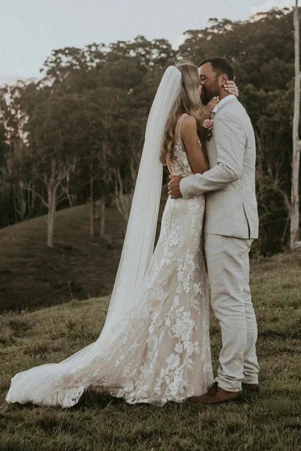 Chic Sheath Column V Neck Floral Lace Rustic Wedding Dress Bridal Gown WD658 - Image 3