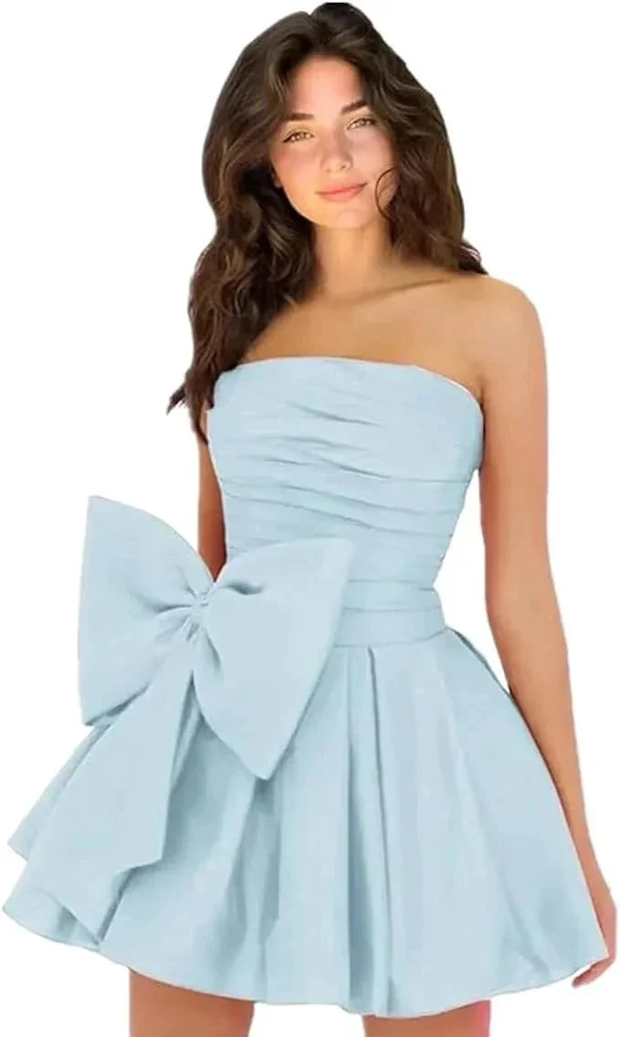 Chic Short Homecoming Dresses A-line Sleeveless Strapless Ruched Lace Up Party Dresses with Bow - Image 10