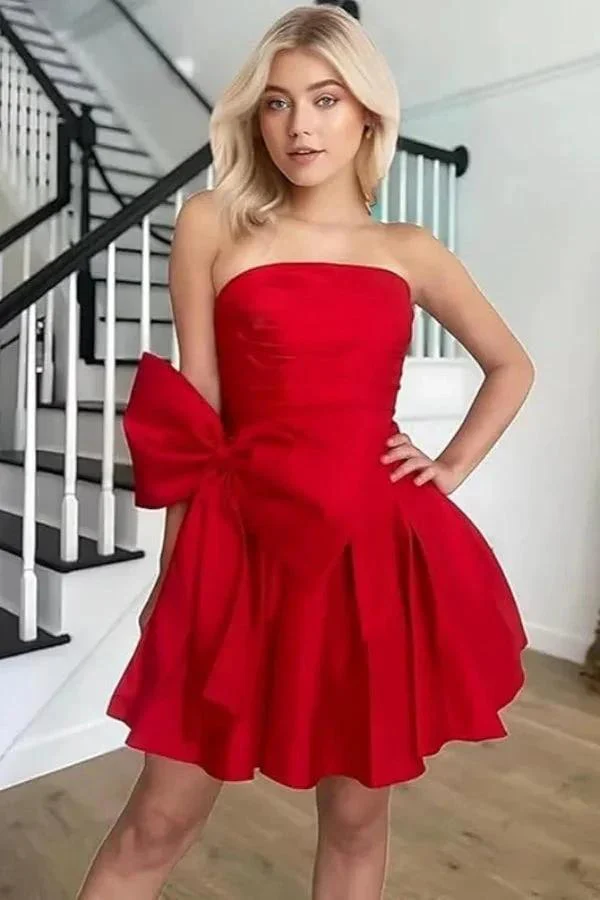 Chic Short Homecoming Dresses A-line Sleeveless Strapless Ruched Lace Up Party Dresses with Bow - Image 2