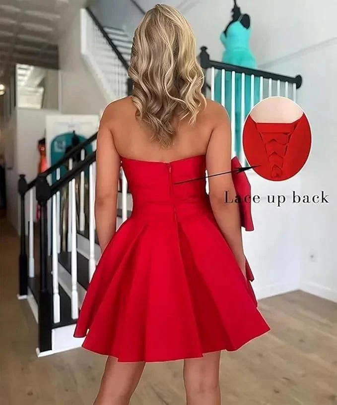 Chic Short Homecoming Dresses A-line Sleeveless Strapless Ruched Lace Up Party Dresses with Bow - Image 3