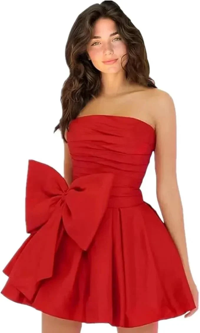 Chic Short Homecoming Dresses A-line Sleeveless Strapless Ruched Lace Up Party Dresses with Bow - Image 4