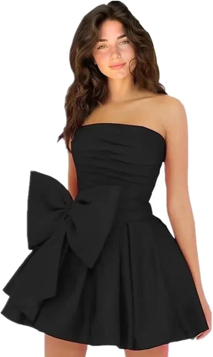 Chic Short Homecoming Dresses A-line Sleeveless Strapless Ruched Lace Up Party Dresses with Bow - Image 5