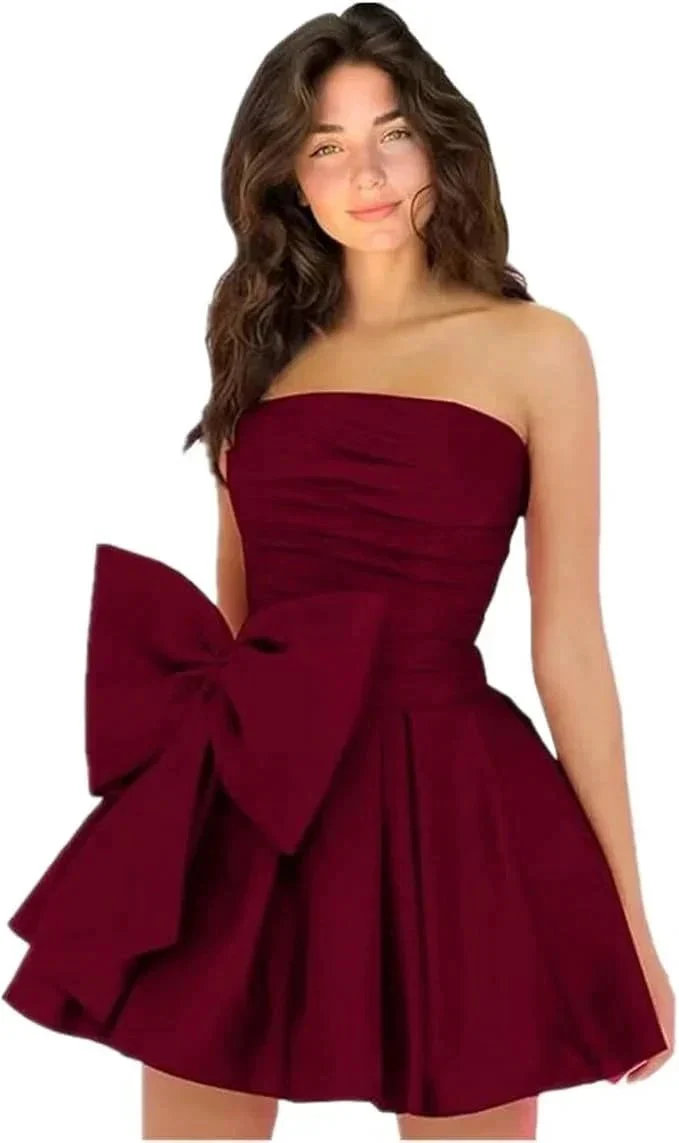 Chic Short Homecoming Dresses A-line Sleeveless Strapless Ruched Lace Up Party Dresses with Bow - Image 6