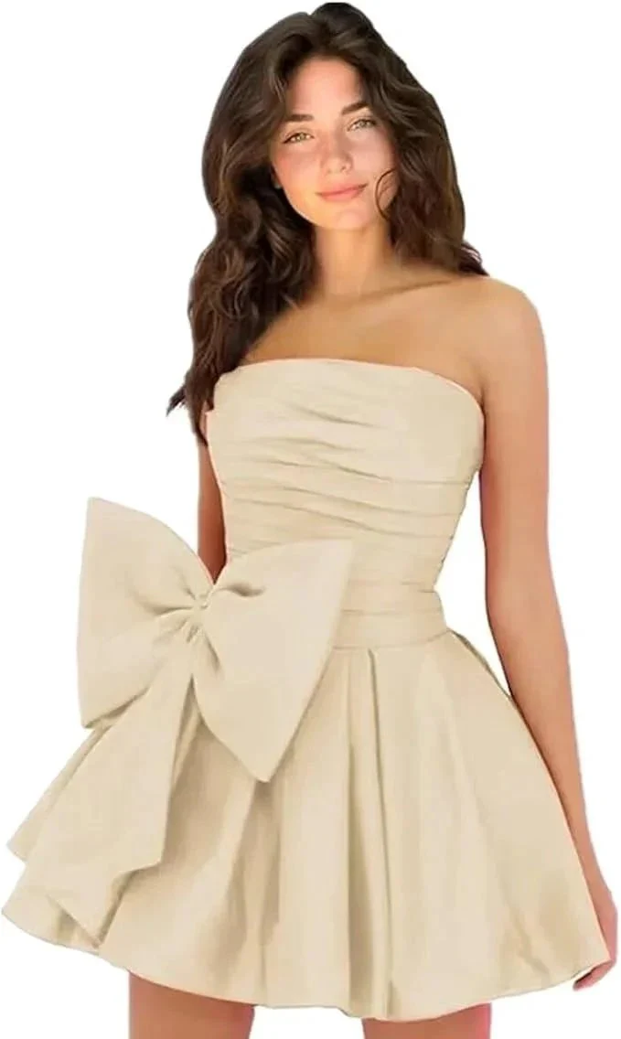 Chic Short Homecoming Dresses A-line Sleeveless Strapless Ruched Lace Up Party Dresses with Bow - Image 7