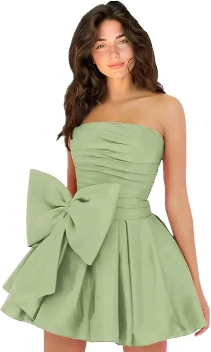 Chic Short Homecoming Dresses A-line Sleeveless Strapless Ruched Lace Up Party Dresses with Bow - Image 9