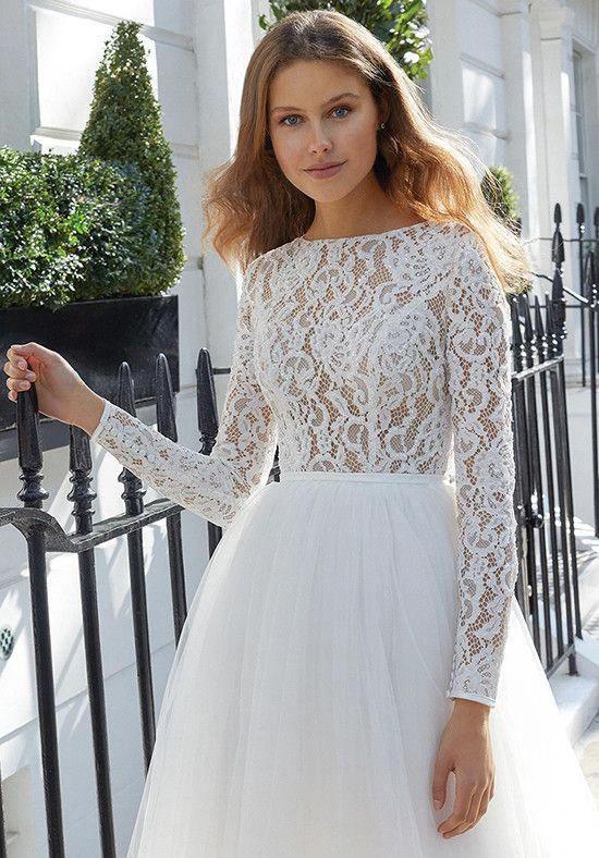 Chic Short A-line Tulle Jewel Lace Wedding Dress with Sleeves - Image 2