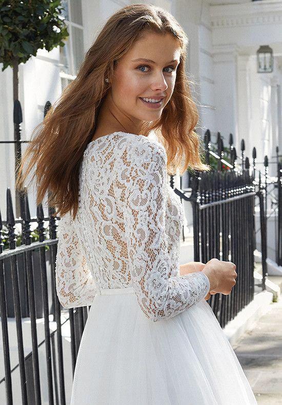 Chic Short A-line Tulle Jewel Lace Wedding Dress with Sleeves - Image 4
