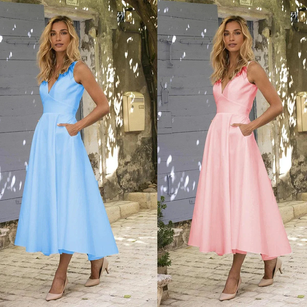 Chic Short A-line V neck Satin Backless Formal Prom Dresses with Pockets - Image 4