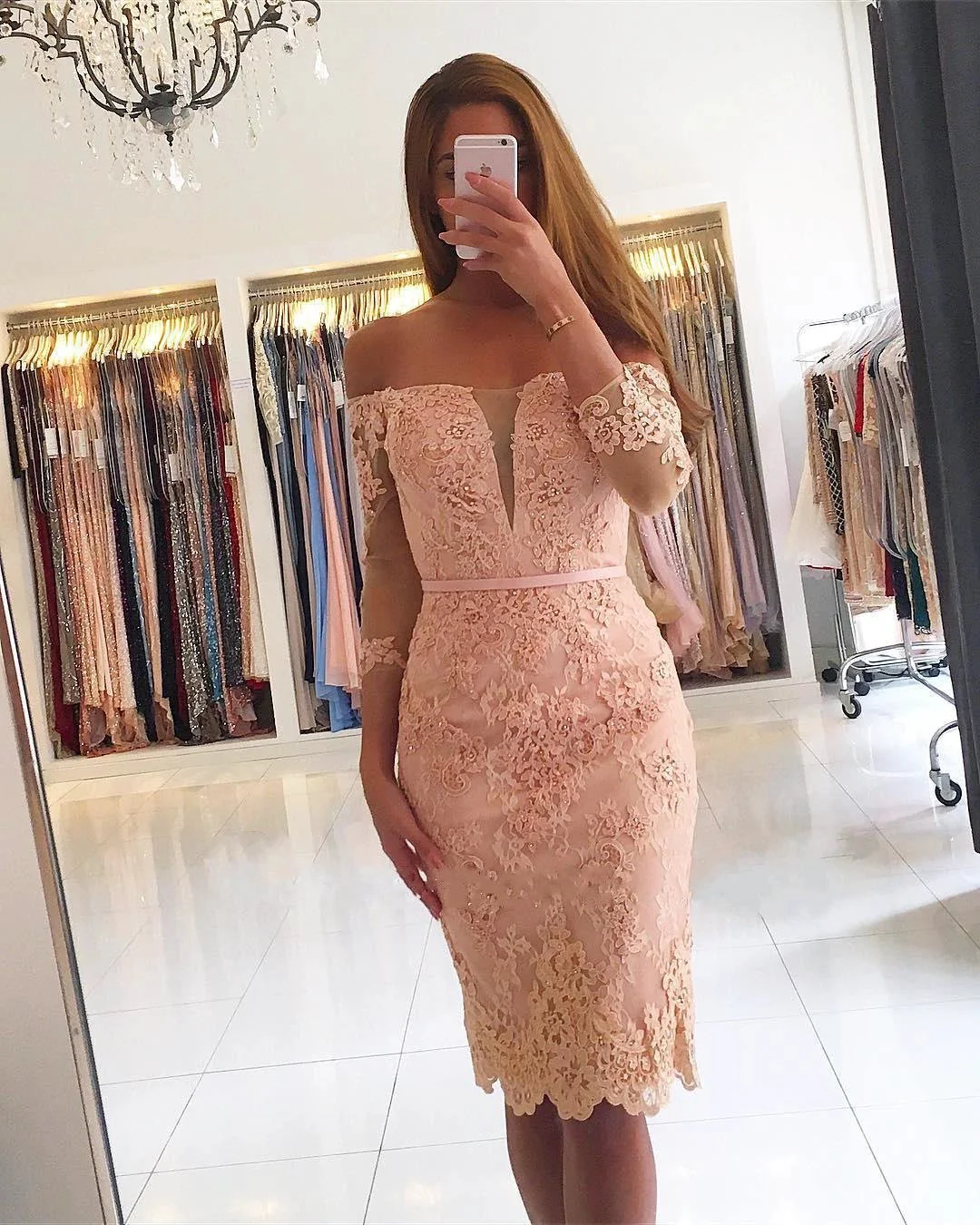 Short Mermaid Off-the-shoulder Lace Prom Dress with Sleeves - Image 2