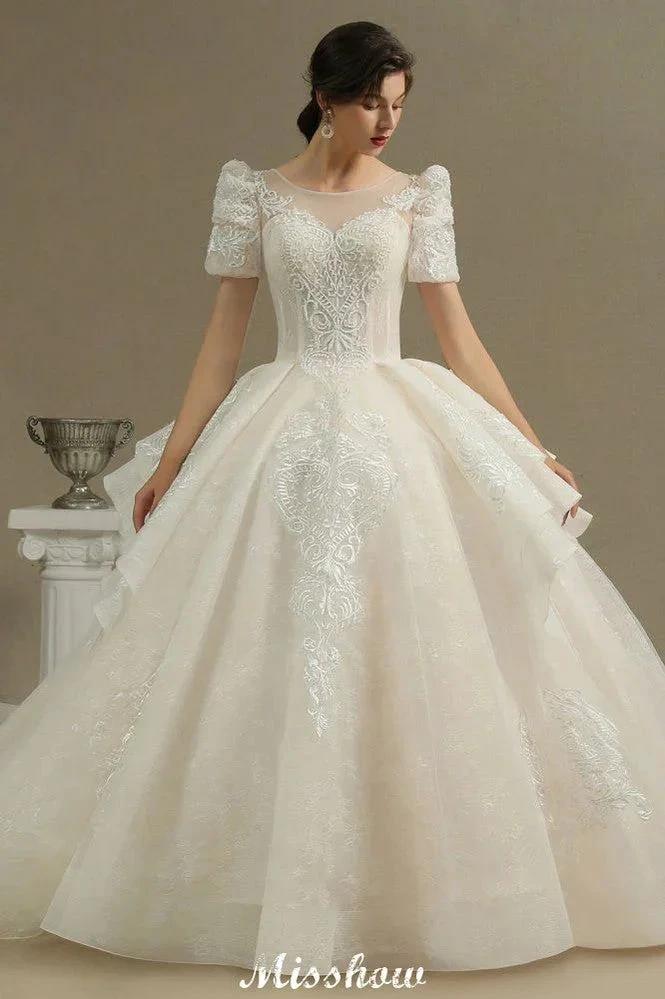 Chic Short Sleeves Tulle Lace Appliques Bridal Gown Spring Garden Wedding Dress - Image 2