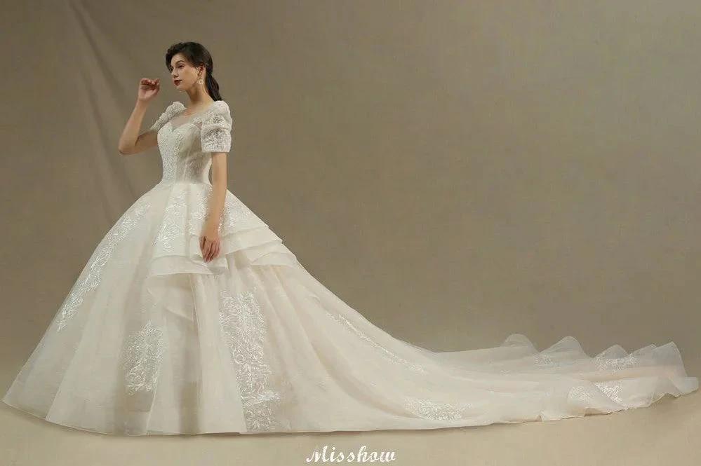 Chic Short Sleeves Tulle Lace Appliques Bridal Gown Spring Garden Wedding Dress - Image 3